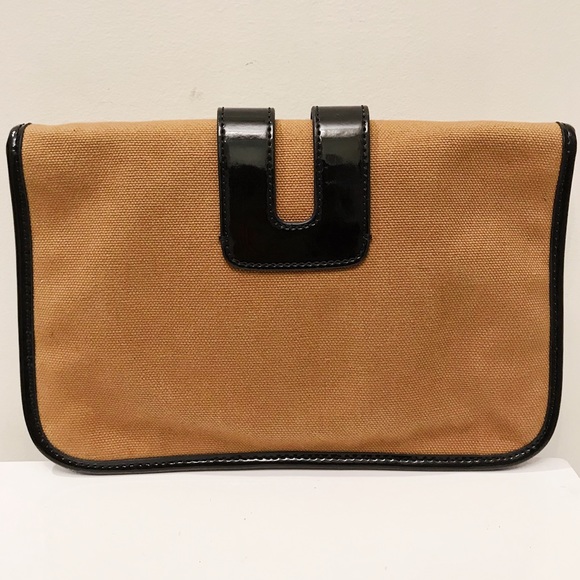 Tila March Paris Zelig Brown Canvas Black Patent Leather Shoulder Clutch Bag - Picture 6 of 12